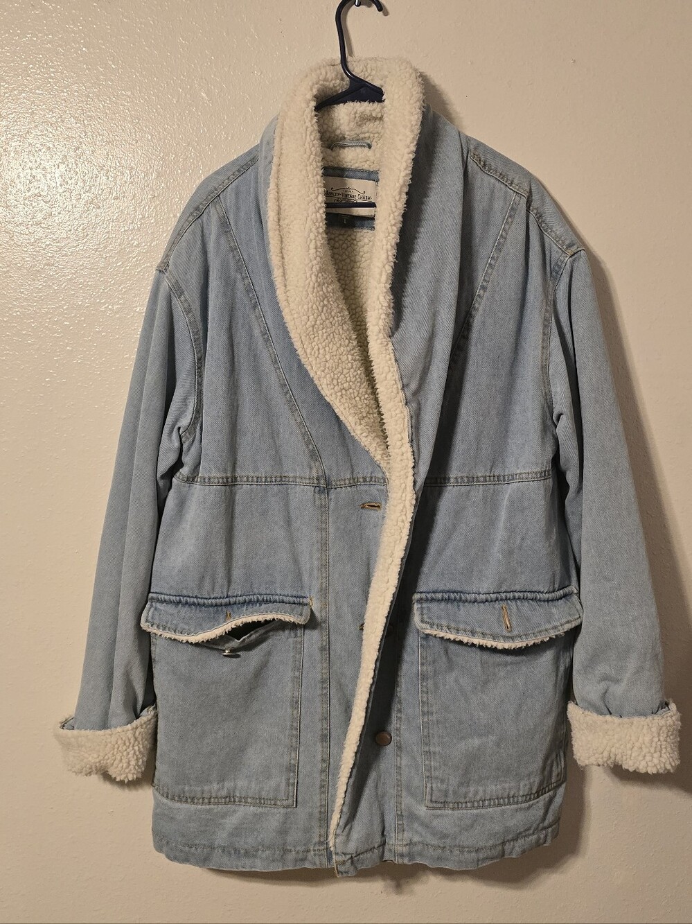 Ashley Vintage Charm Sherpa Lined Denim Jacket Size L Oversized Coat Blue